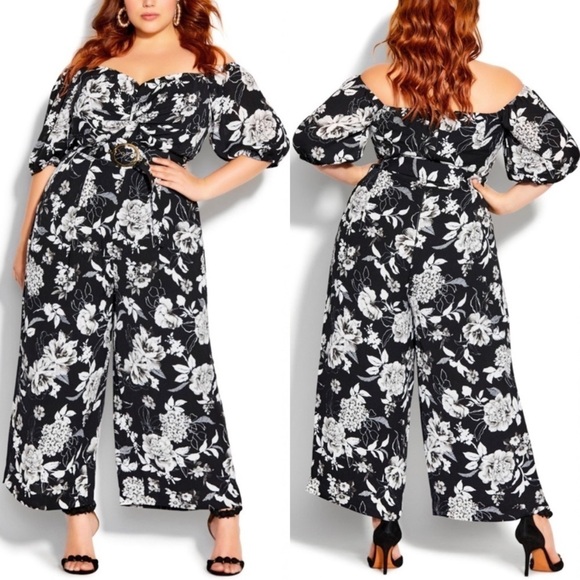 NWT City Chic Mod Floral Off Shoulder Belted jumpsuit Black/White - Picture 1 of 6